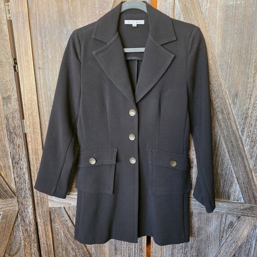 CAbi Jacket Women's Size 4 Black‎ Military Style Long 3 Button Blazer Pockets